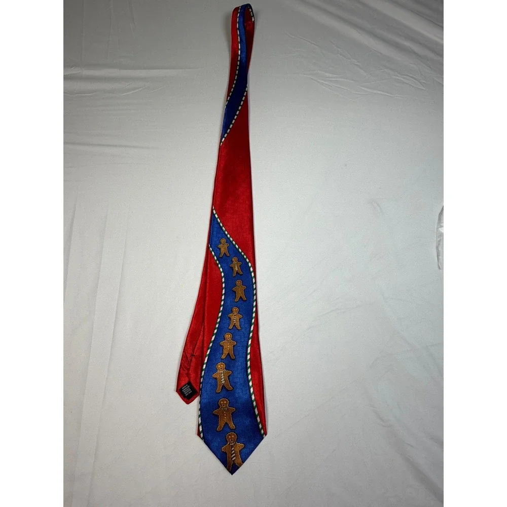 Mens Gingerbread Man Christmas Silk Tie Red Blue Candy Cane Stripe Holiday Tie